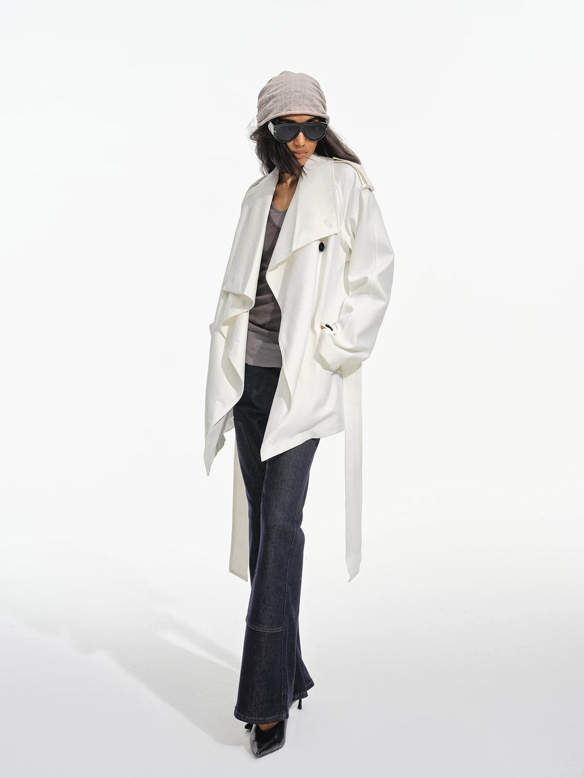 Draped Collar Belted Trench Coat