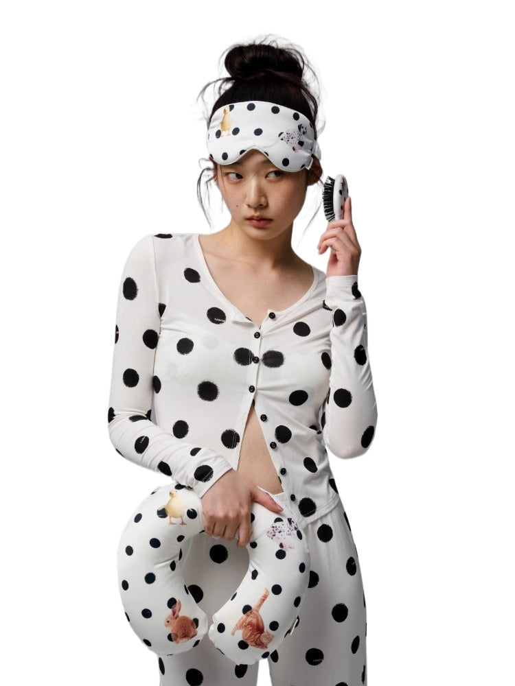 Polka Dot Contrast Knit Cardigan & Lounge Pants Set
