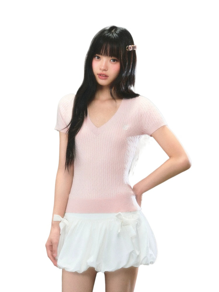 Pink V-Neck Knit Slim Top