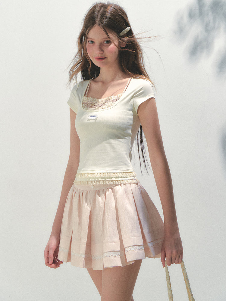 Two-piece Spliced Hem Lace Short-sleeve T-shirt