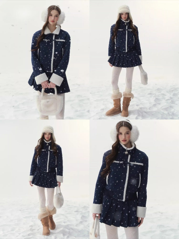 Floral Corduroy Shearling Jacket & Skirt Set