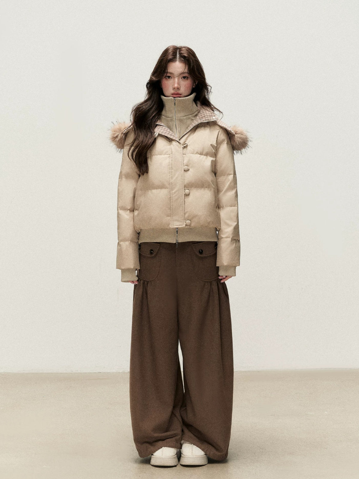Faux Layered Fur-Trim Hooded Down Jacket