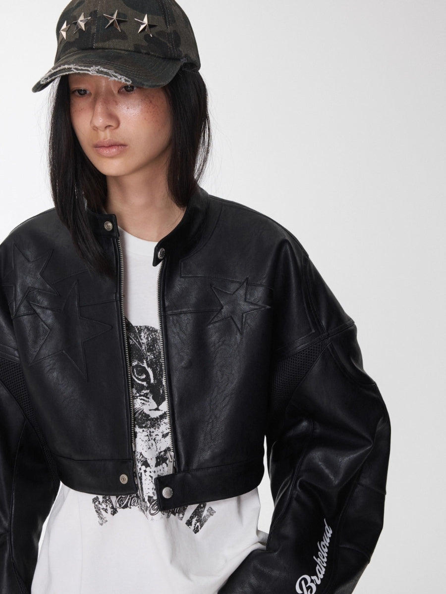 Letter Print Structured Cropped Moto Leather Jacket