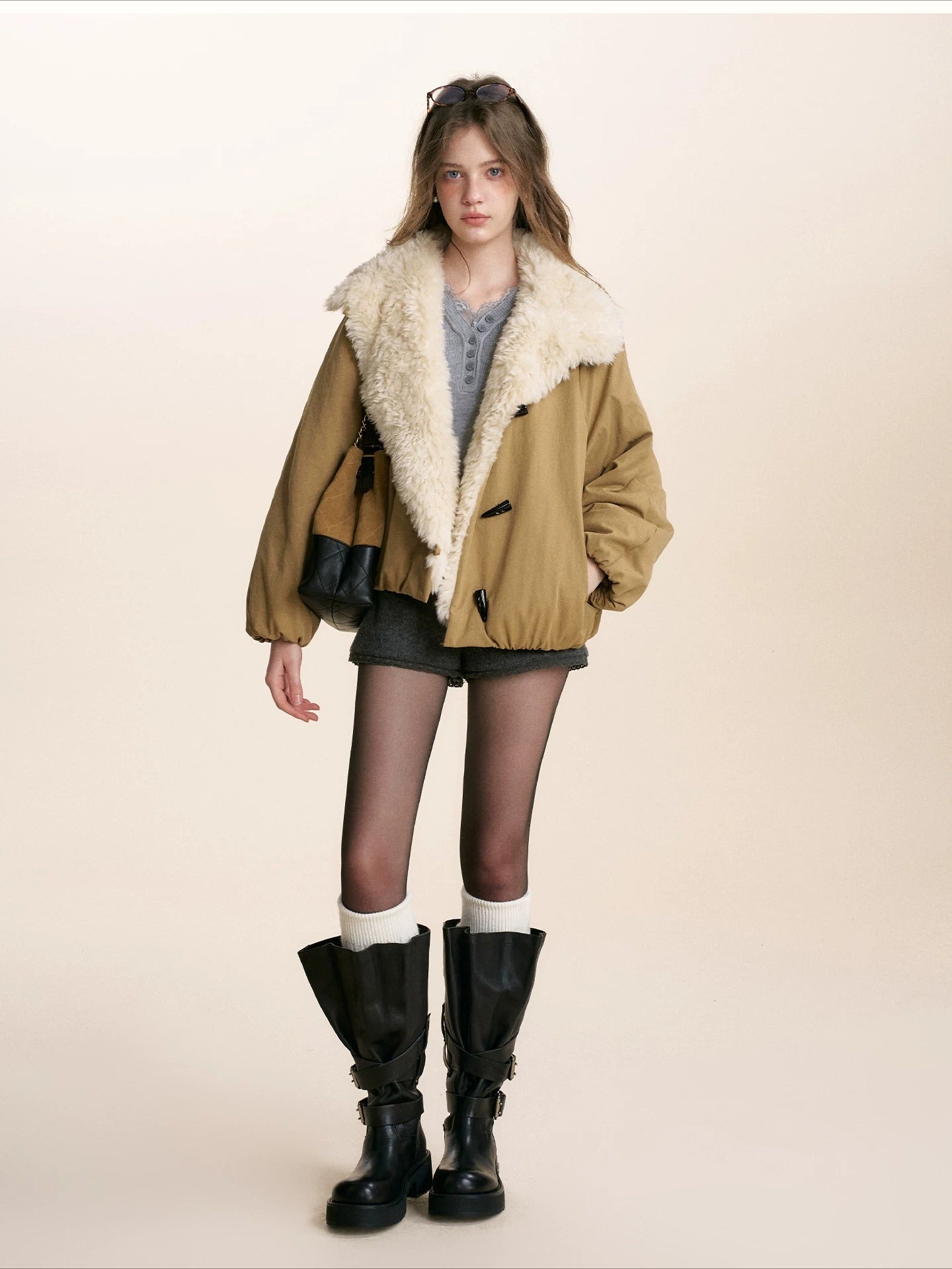 Khaki Shearling Collar Parka Jacket