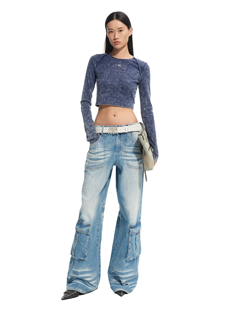Washed Twill Denim Whisker Wide-leg Jeans