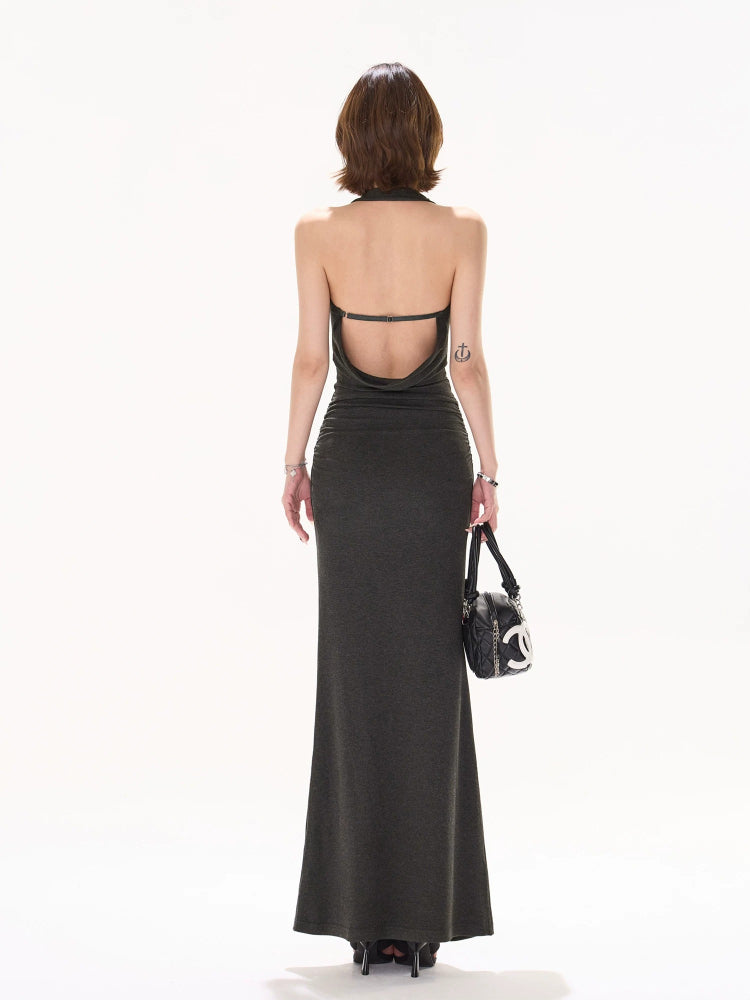 Gray Halter Knit Maxi Dress