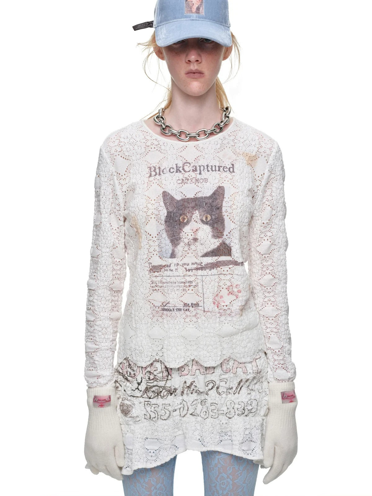 Cat Print Asymmetric Lace Set