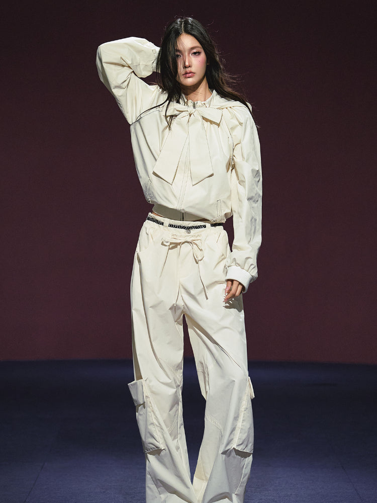 Neckline Tie Striped Sun-Protective Jacket & Pants Set