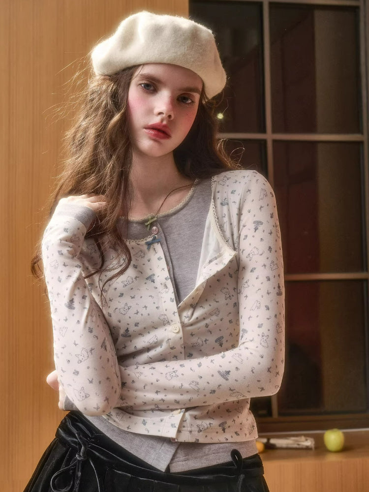 Faux Two-Piece Printed Cardigan