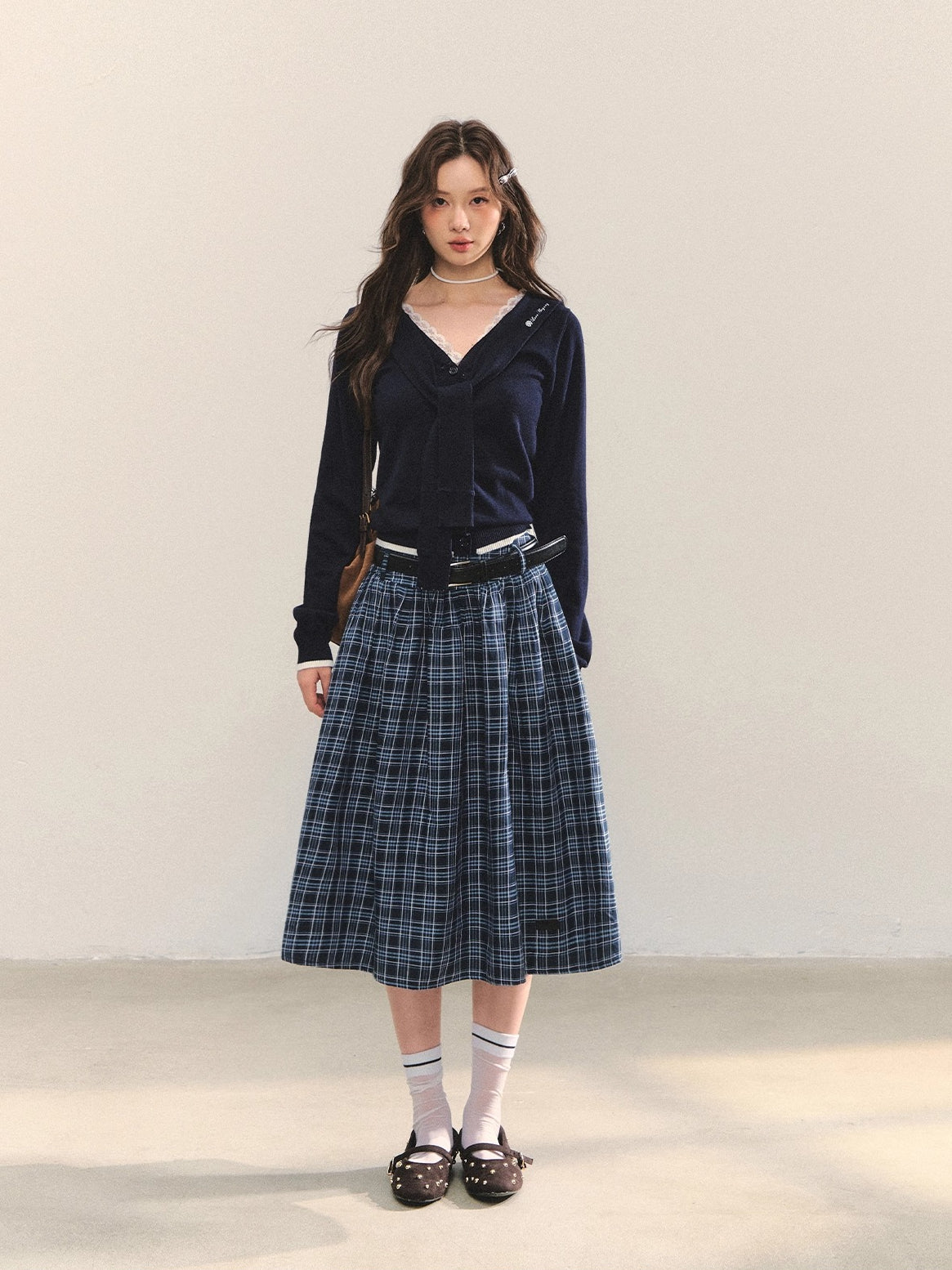 Blue Belted Plaid Skirt