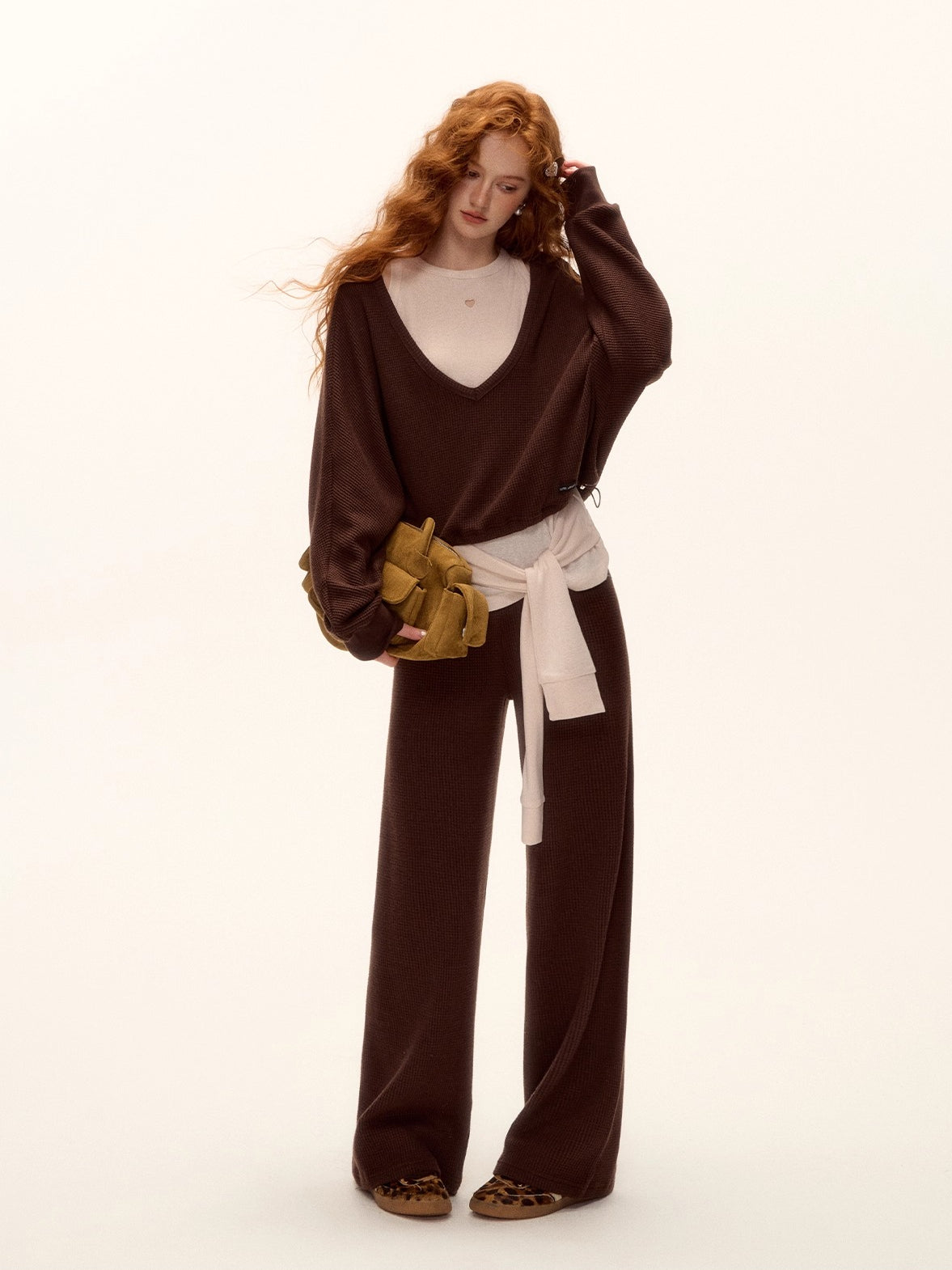 Waffle Knit V-Neck Pullover & Tie Vest Set with Wide-Leg Pants