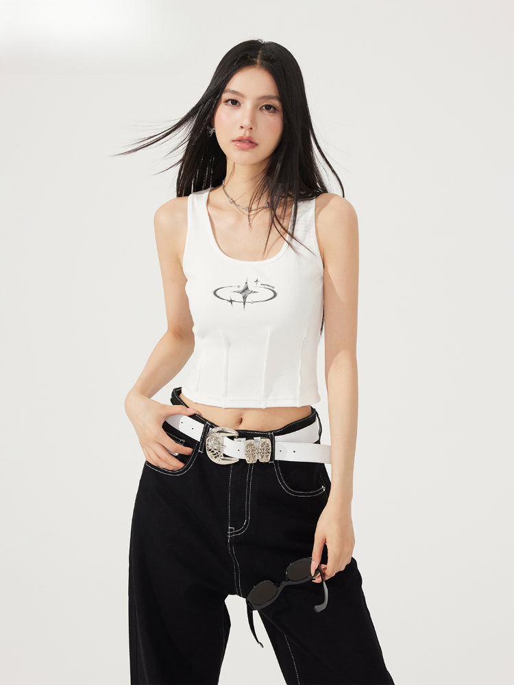 Waist-Cinching U-Neck Star Versatile Tank Top