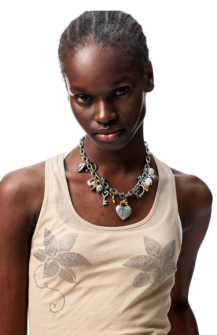 Floral Rhinestone Semi-Sheer I-shaped Tank Top