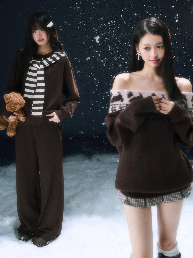 Brown Stripe Contrast Waist Wide-leg Pants