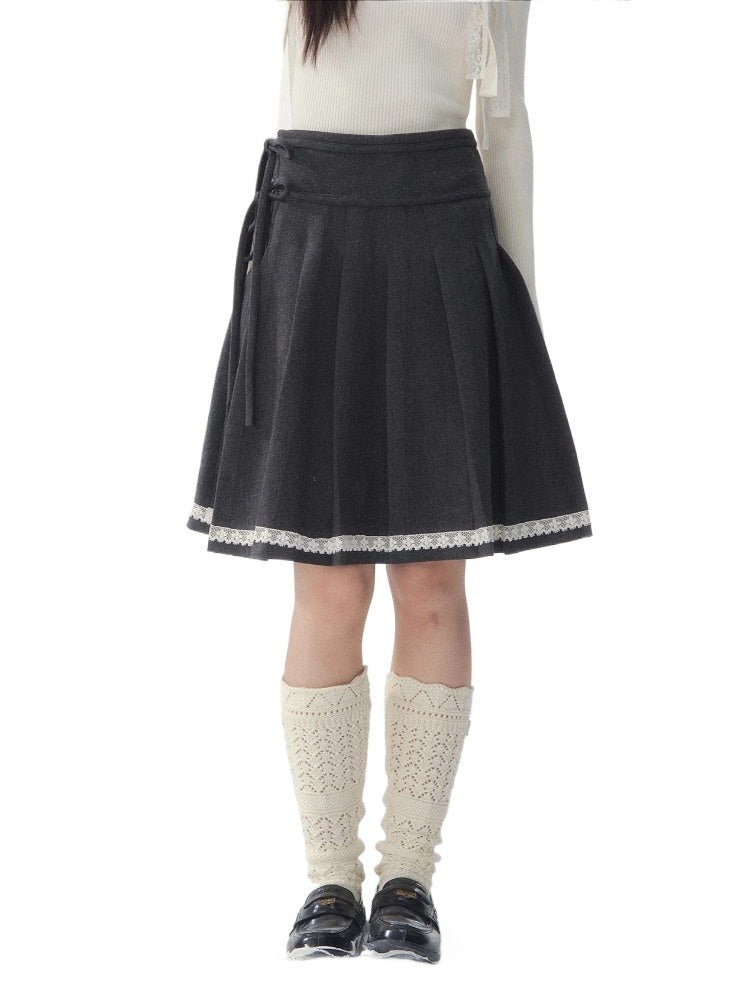 Brown & Gray Wool Pleated Lace Skirt