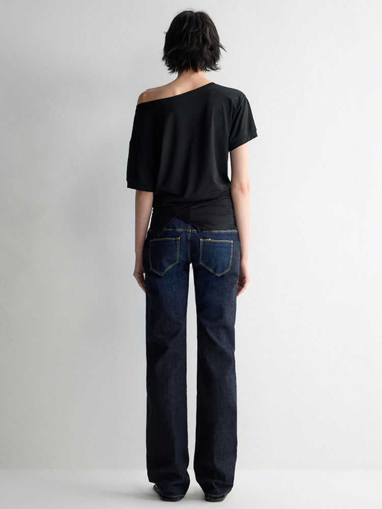 Washed Ultra Low Waist Straight Leg Jeans