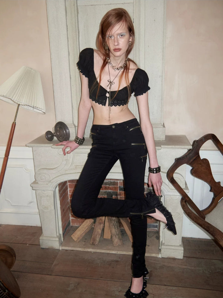 Jacquard Puff Sleeve Crop Top