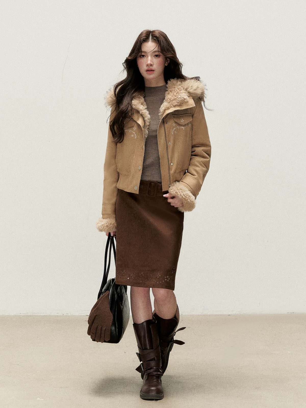 Embroidered Faux Suede Hooded Jacket