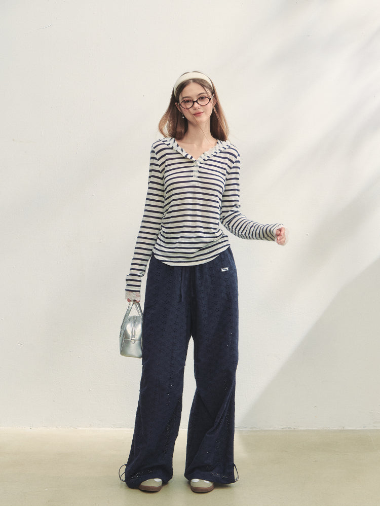 Striped Color-block Lace Spliced T-Shirt