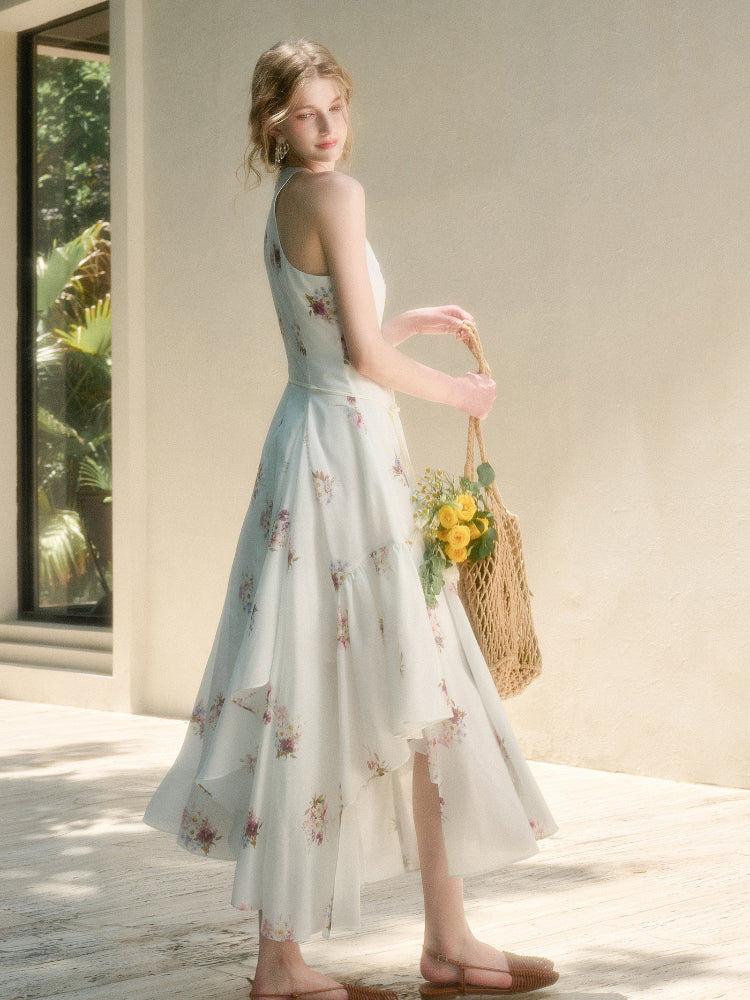 Halter Neck Printed Square Scarf Long Dress