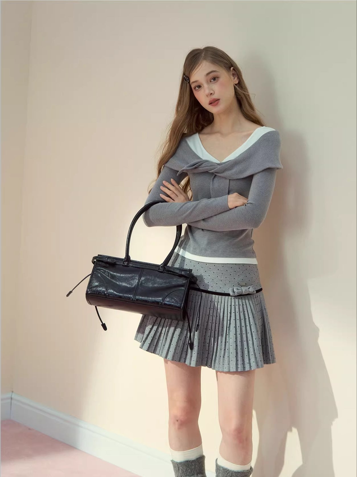 Polka-Dot Bow Pleated Skirt