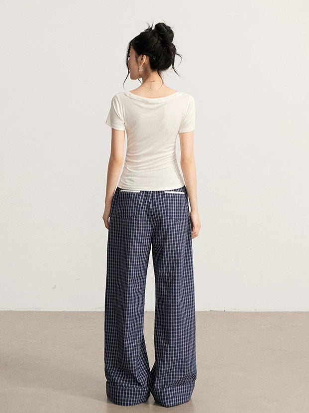 Plaid Folded Wide-Leg Pants
