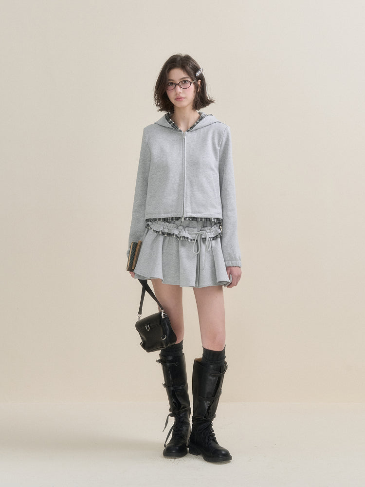 Gray Plaid Spliced Hoodie & Skirt Set