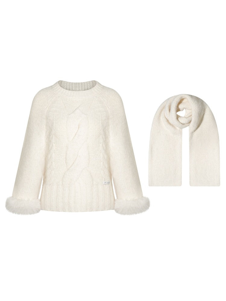 Wool-Blend Cable Knit Batwing Sweater Scarf Set