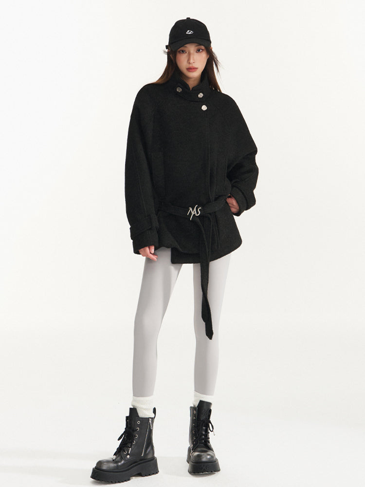 Cream & Black Wool Blend Loose Lapel Jacket