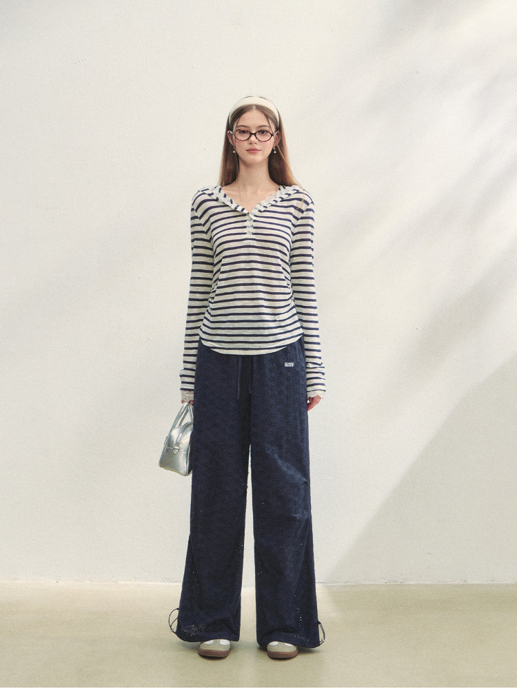 Hollow Embroidery Tie-up Casual Pants