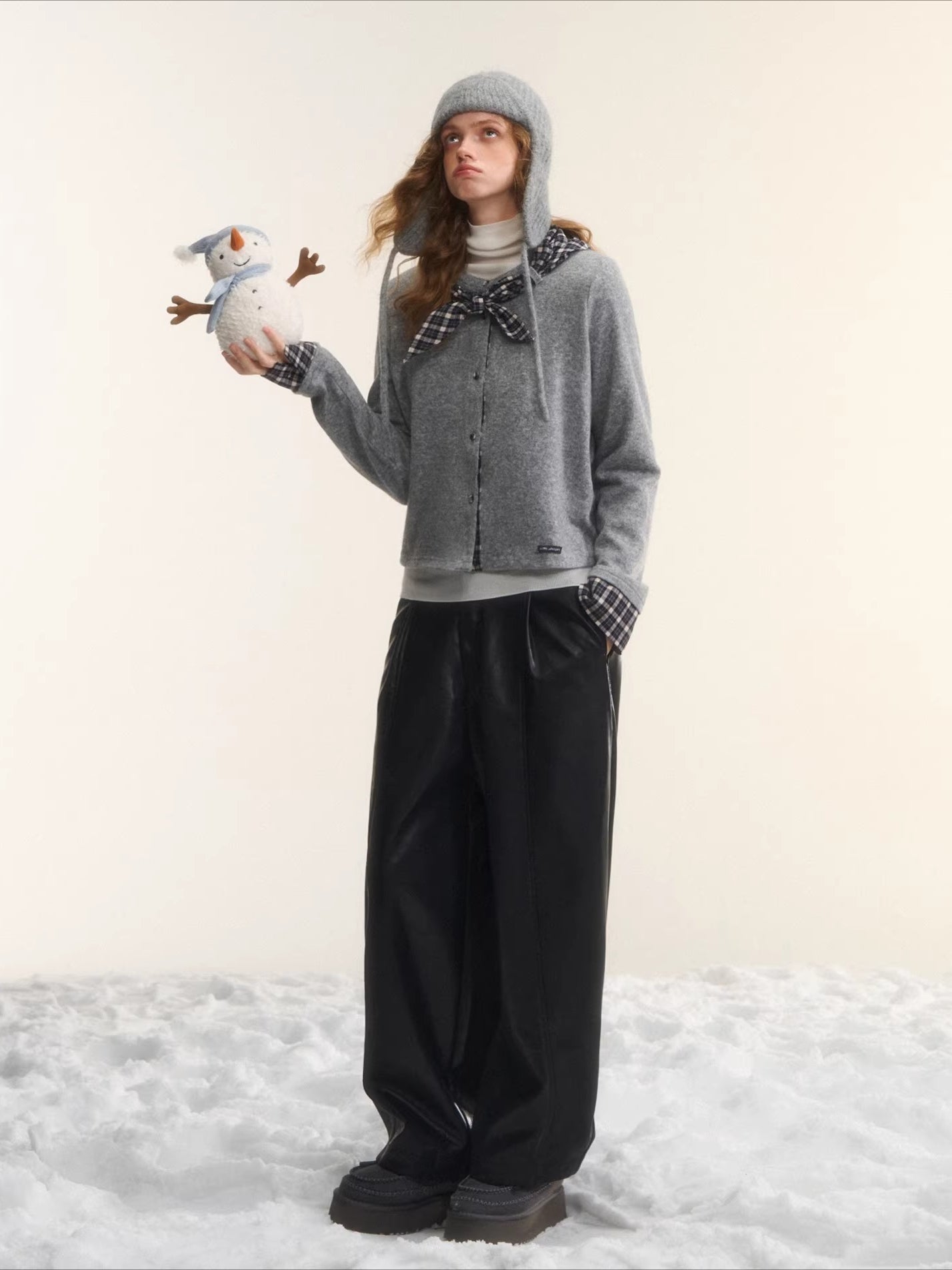 Wool Blend Plaid Tie Cardigan