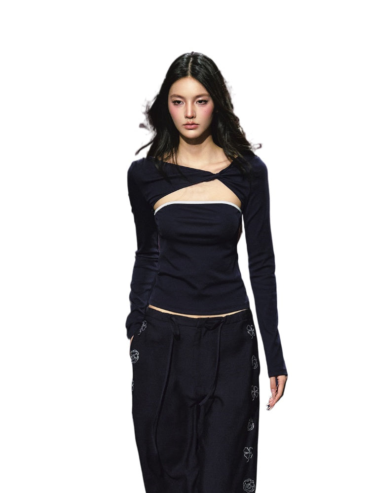 Two-Piece Color-Block Twist Waist Blouse