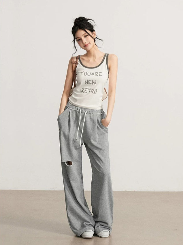 Gray & Beige Distressed Wide-Leg Pants