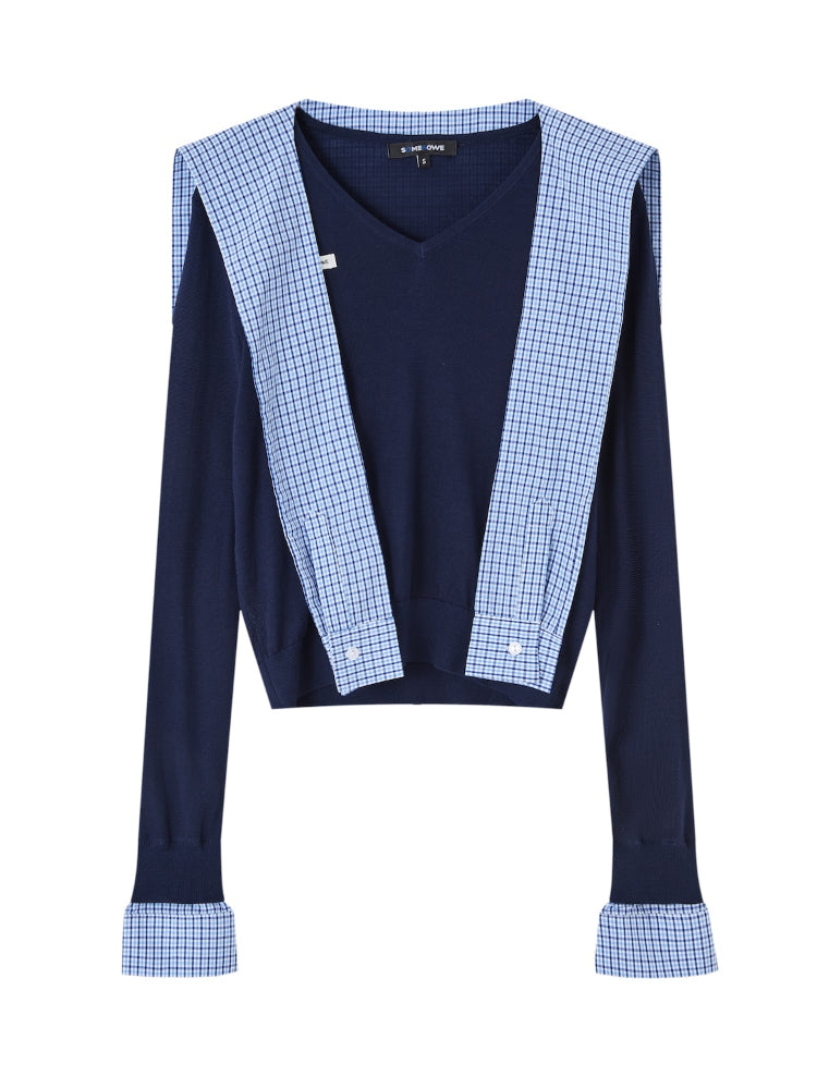 Fake Two-Piece Twist-Knot Spliced V-Neck Knit Top
