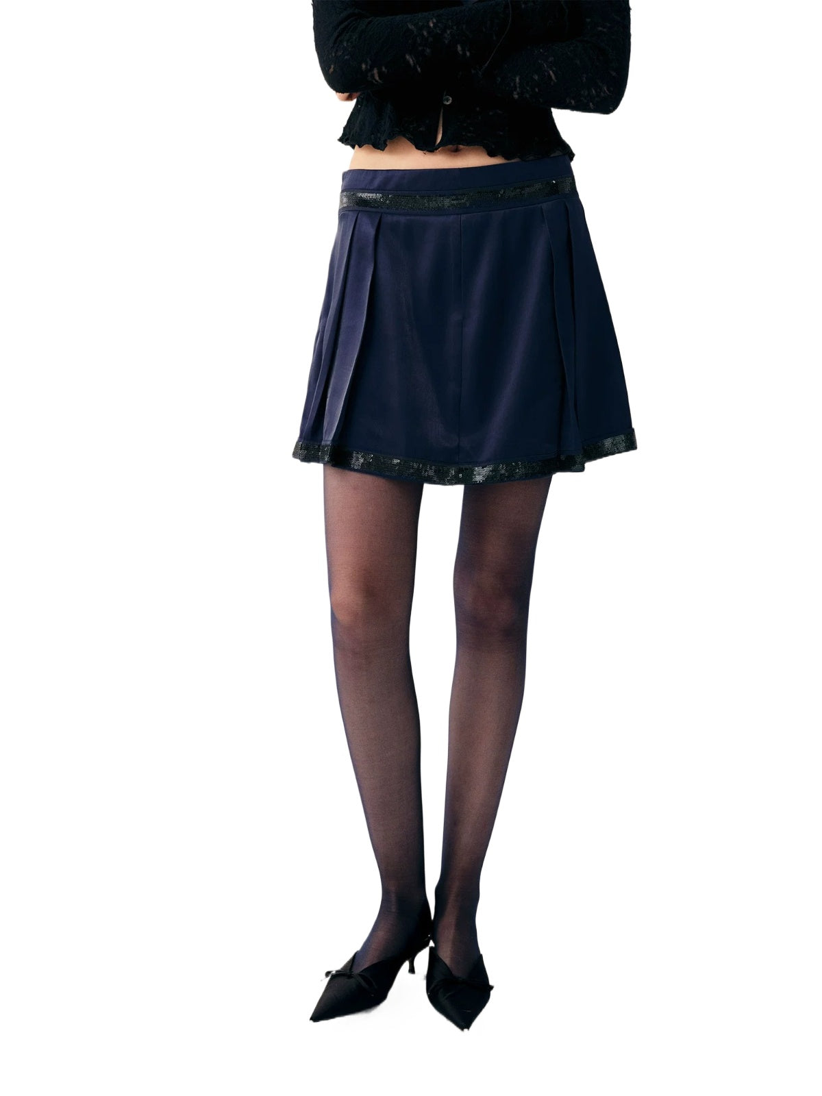 Navy Sequin Pleated Mini Skirt
