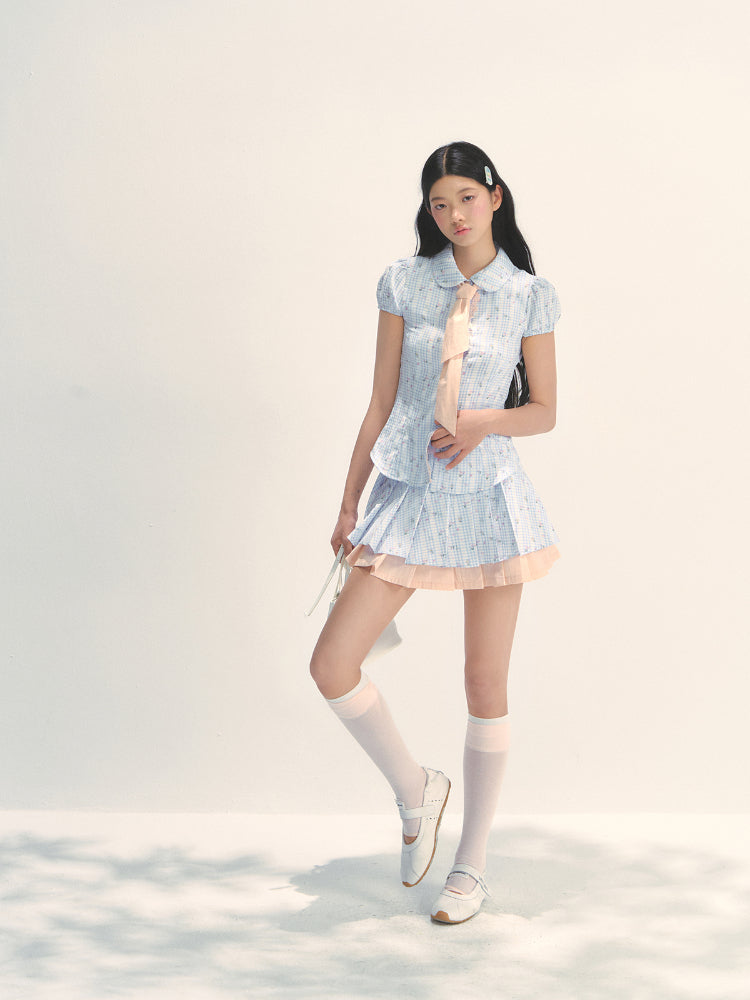 Blue Floral Contrast Check Shirt & Skirt Set