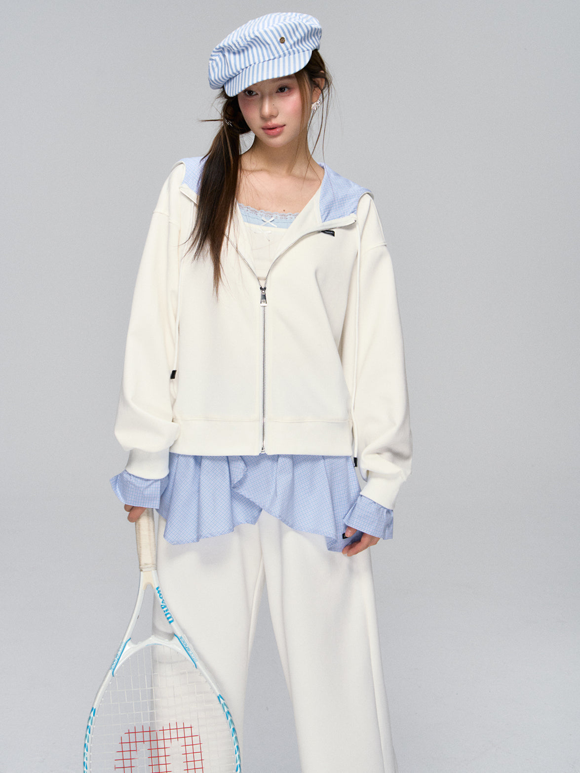 White Plaid Panel Hoodie & Pants Set