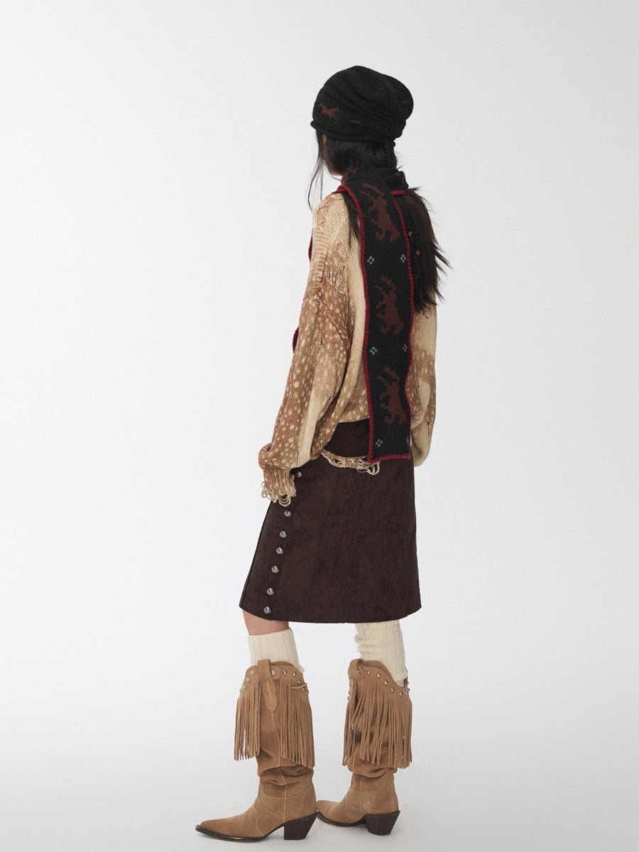 Vintage Deer Print Distressed Knit Sweater