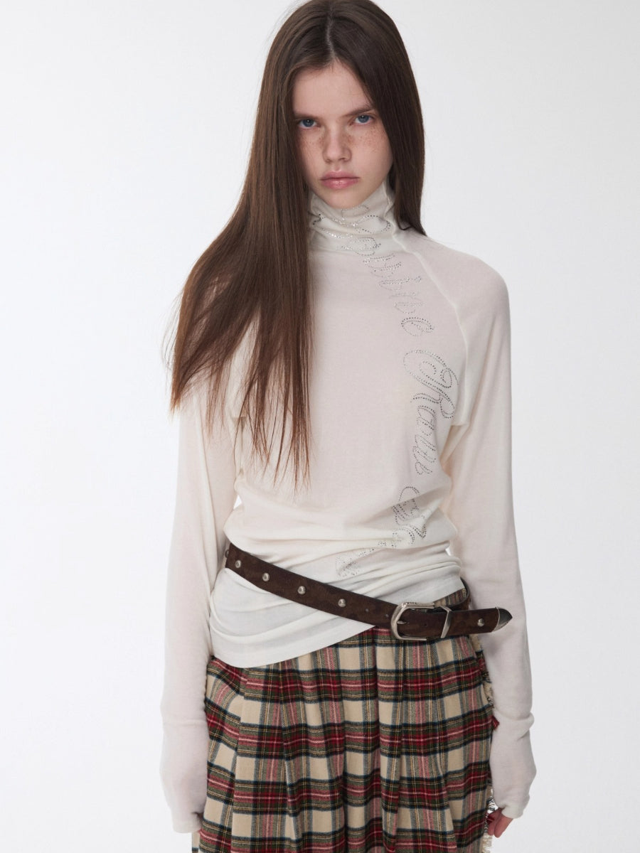 Rhinestone High Neck Raglan Knit Top