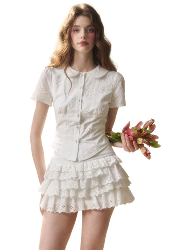Embroidered Lace Waist Shirt & Skirt Set