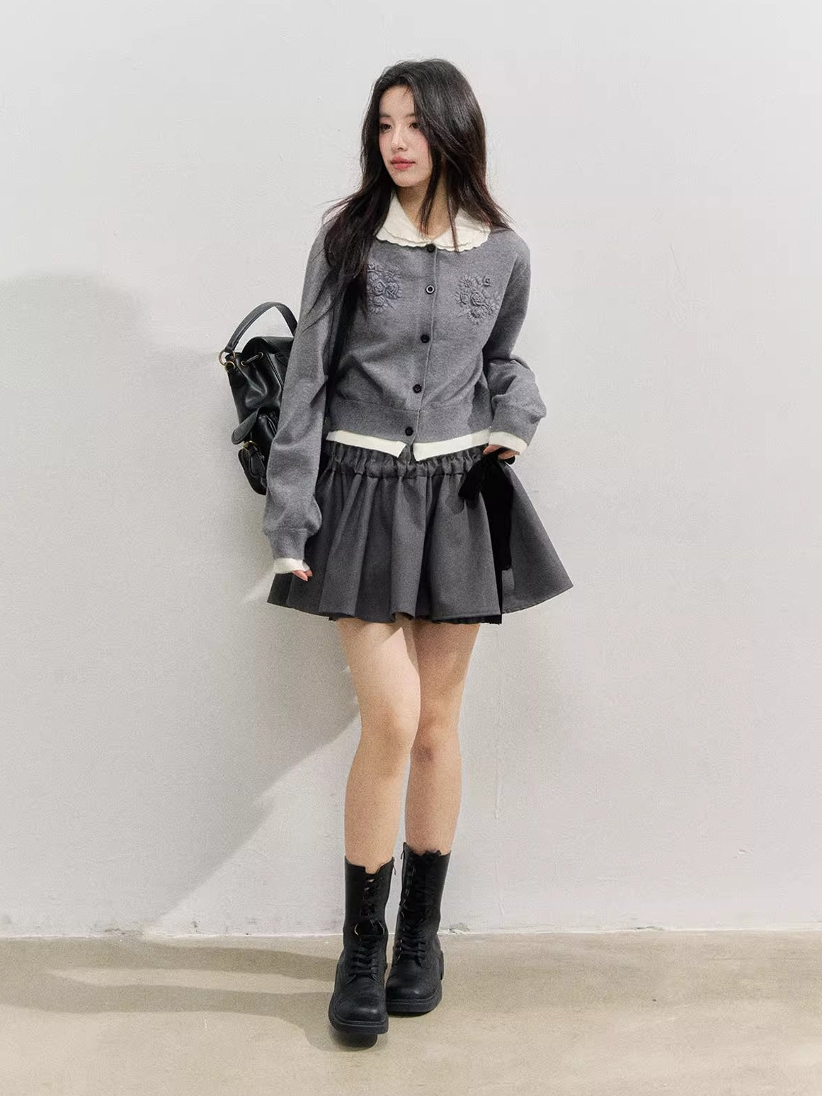 Gray Velvet Bow Puff Skirt