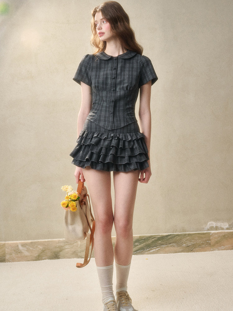 Gray Plaid Doll Collar Lace Waist Shirt & Cami Set