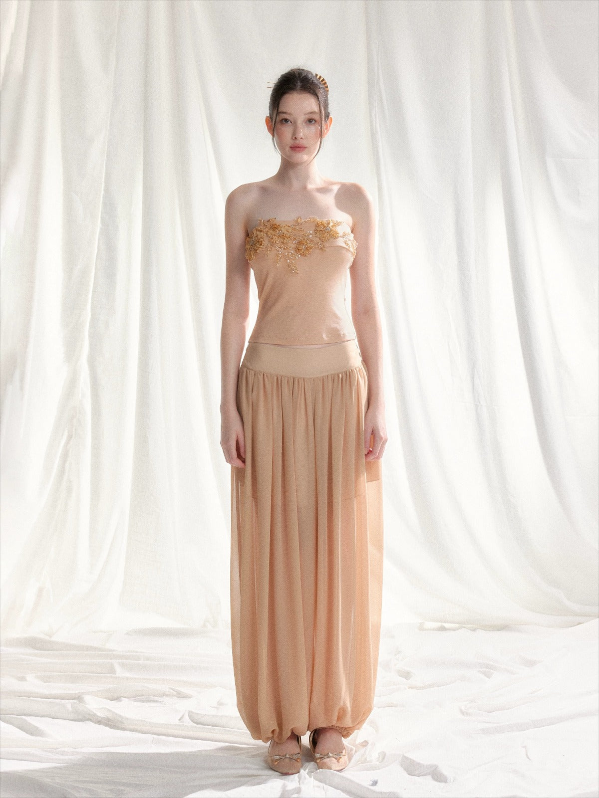 Floral Appliqué Bustier & Mesh Pants Set