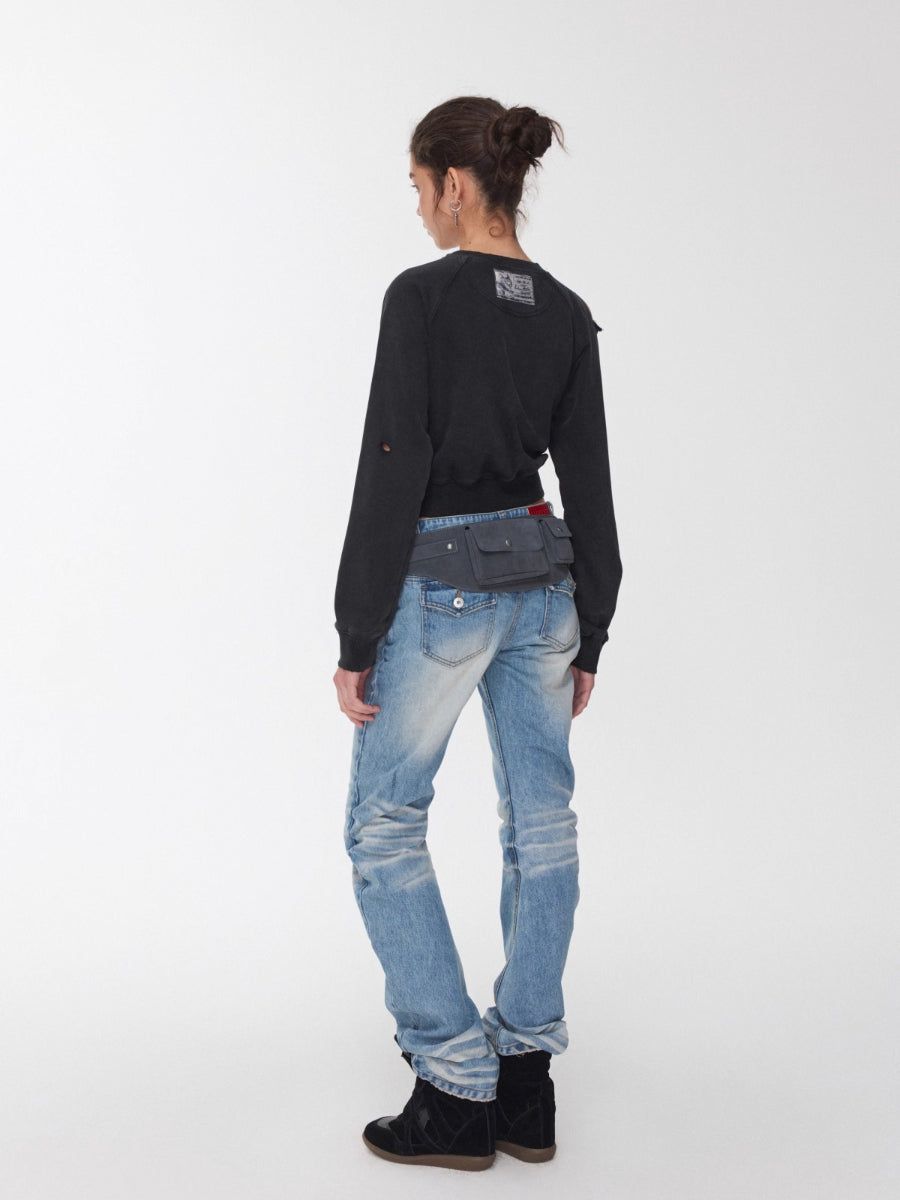Vintage Pleated Washed Denim Curved Jeans