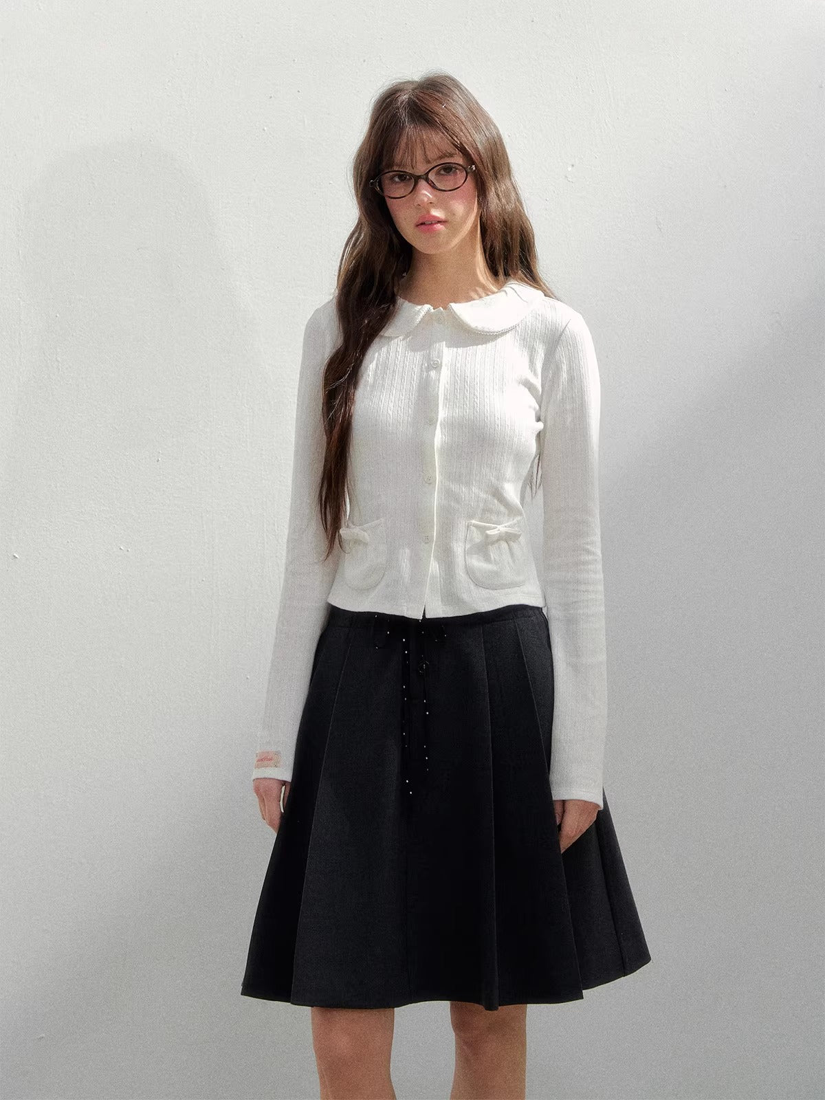 Gray Polka Pleated Midi Skirt