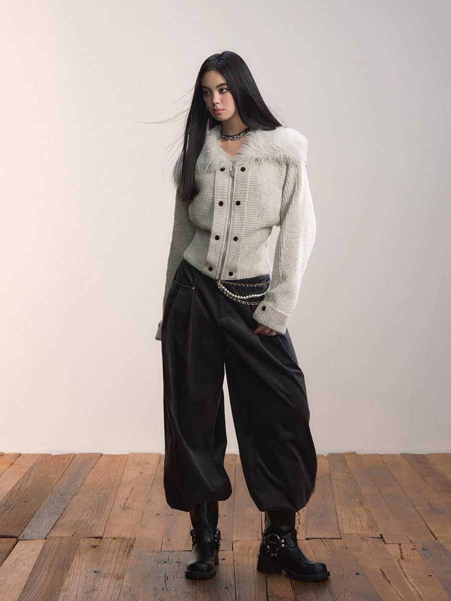 Dark Gray Pleated Corduroy Retro Casual Trousers
