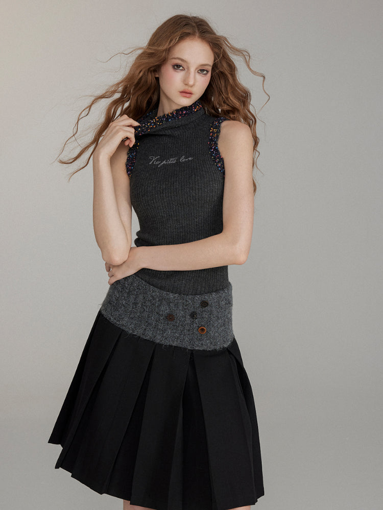 Patchwork Button Wool Pleated Skirt