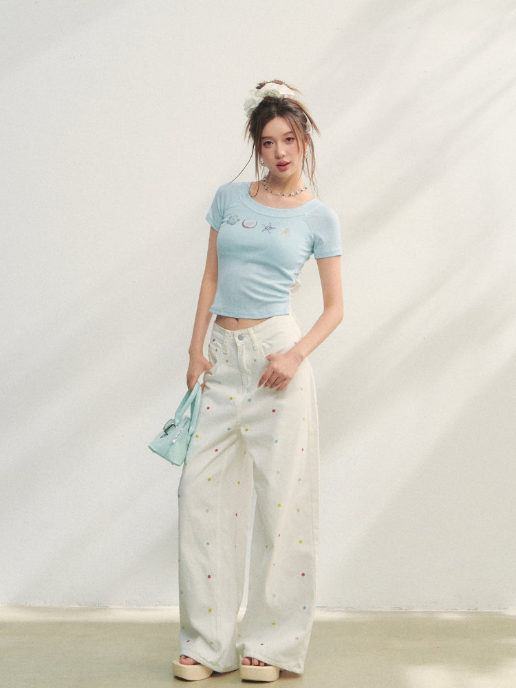 Crew Neck Printed Backless Embroidered T-Shirt