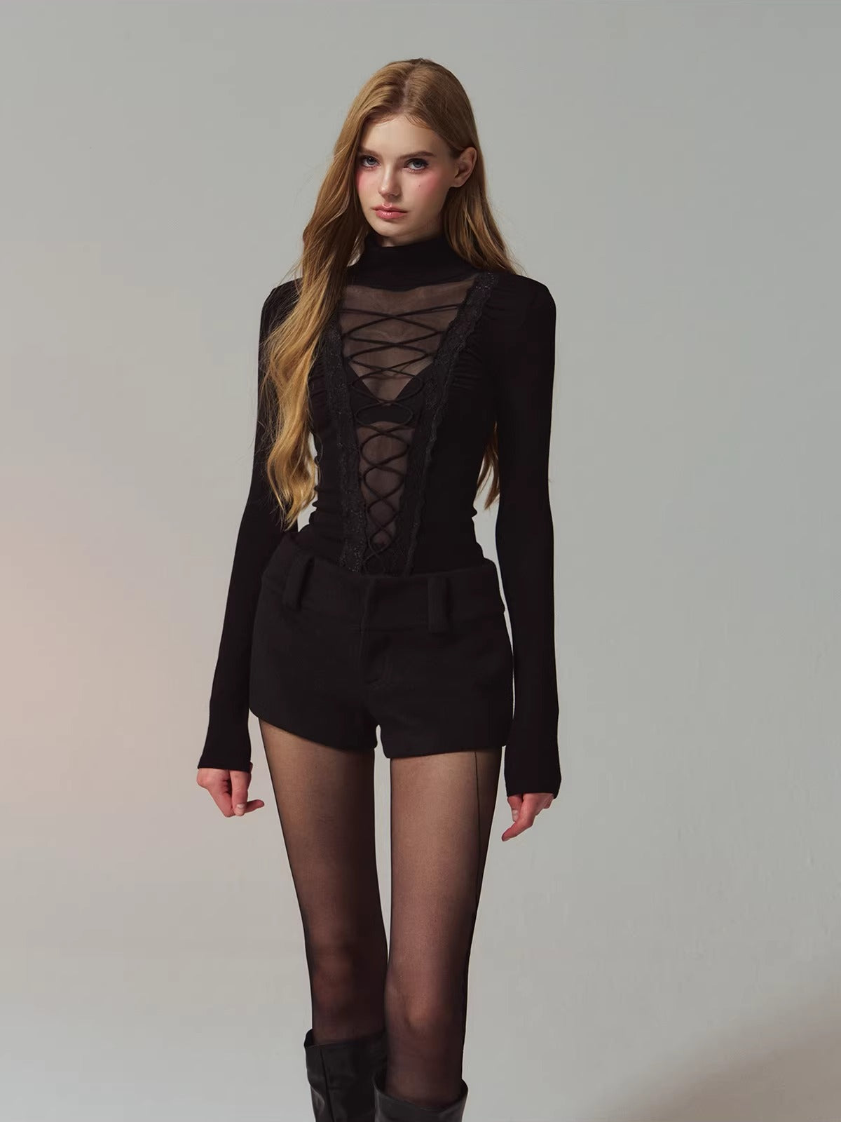 Lace Panel Mesh Laced Knit Top