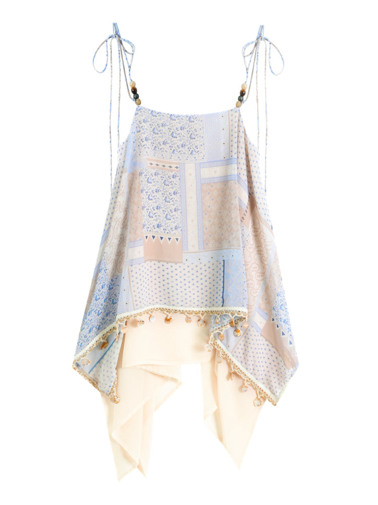 Irregular Beaded Strappy Printed Slip Dress